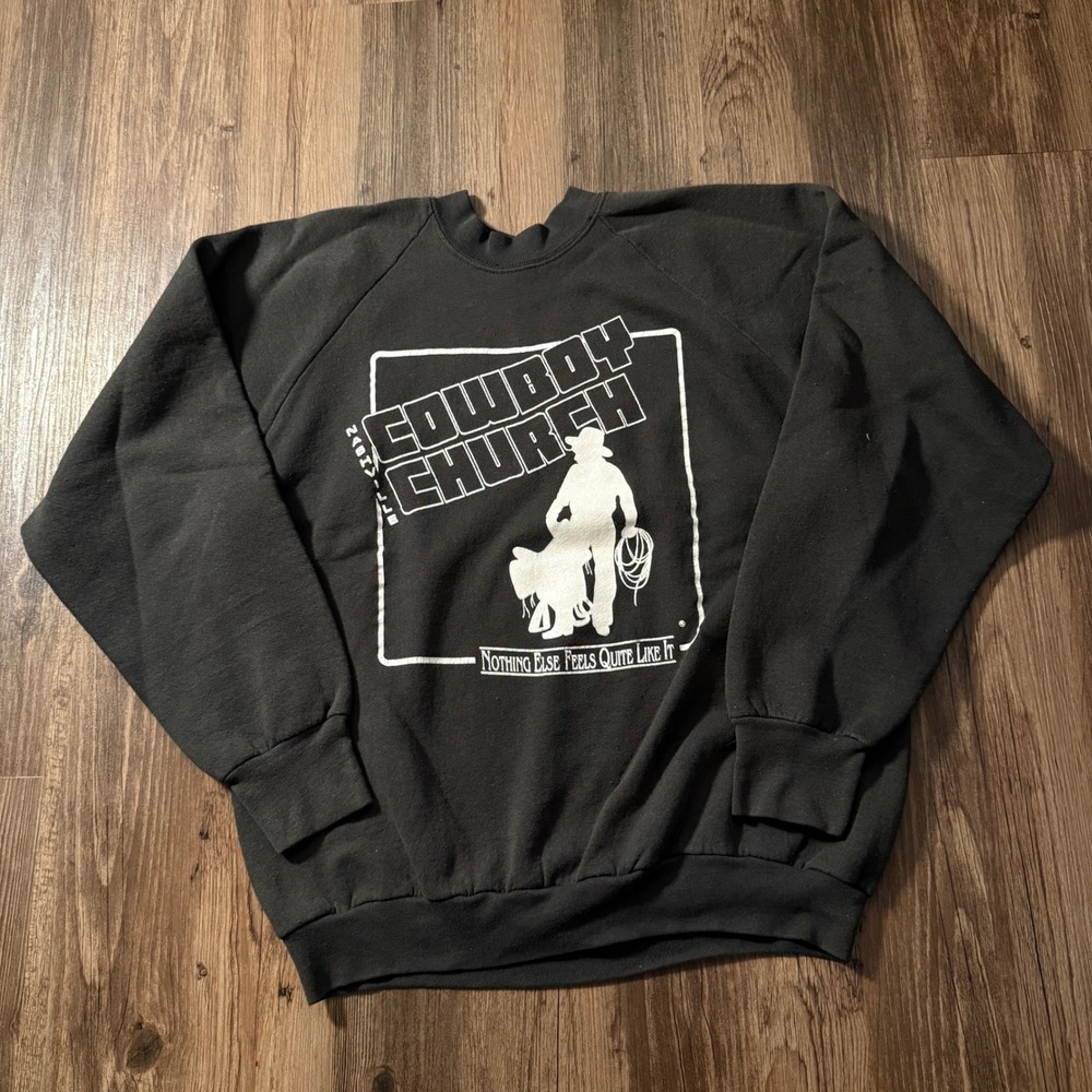 Vintage Fruit of the Loom Cowboy Church Nashville Sweatshirt Black XL Raglan‎